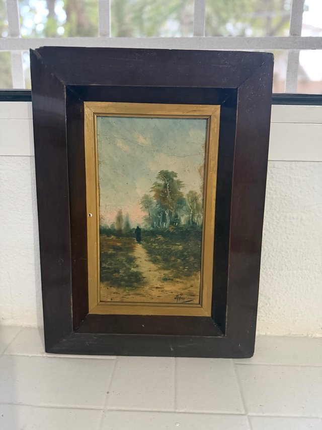 Oleo sobre lienzo paisaje rural costumbrista SXIX