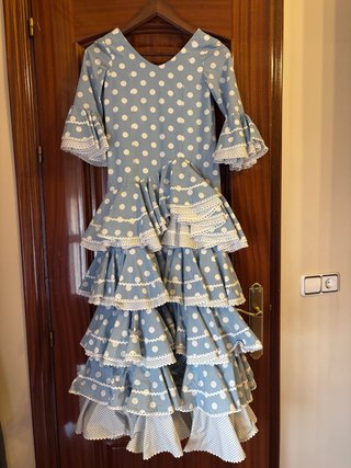 Traje Flamenca Niña Azul Lunares Blanco