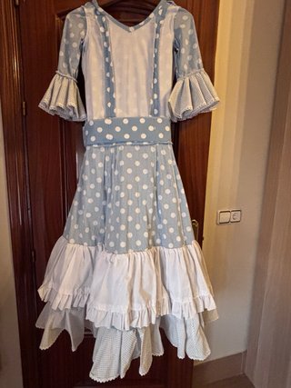 Traje Flamenca Niña Azul Lunares Blanco