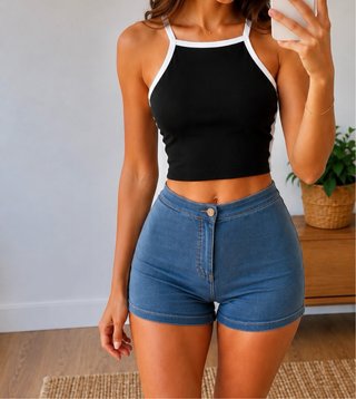 Conjunto Top Negro y Shorts Vaqueros
