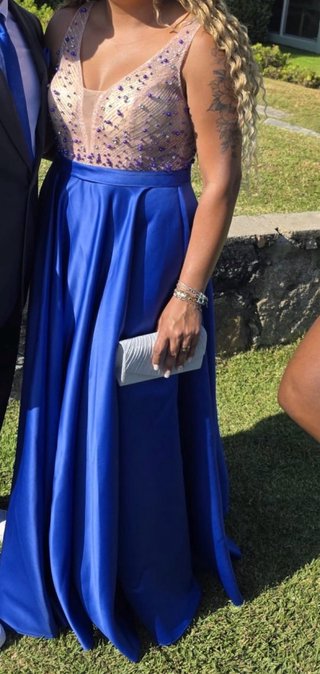 Vestido de fiesta azul y dorado