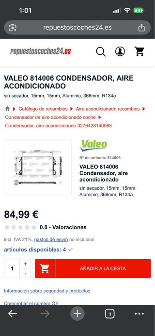 Condensador A/C  Valeo 814006 Laguna 2.0