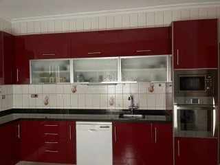 Cocina modular roja y plateada