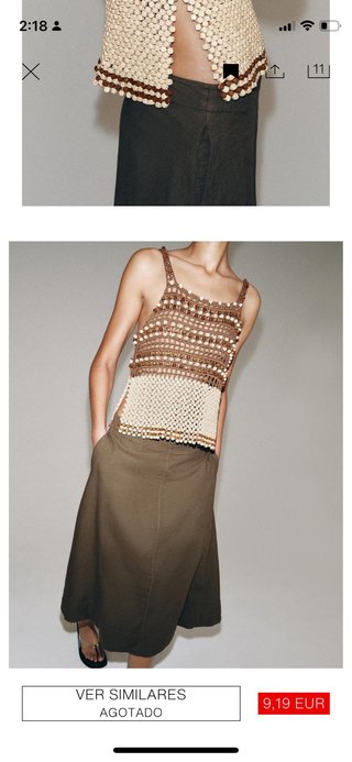 Top Zara Crochet Abalorios Beige/Marrón Talla Únic