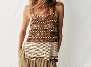 Top Zara Crochet Abalorios Beige/Marrón Talla Únic