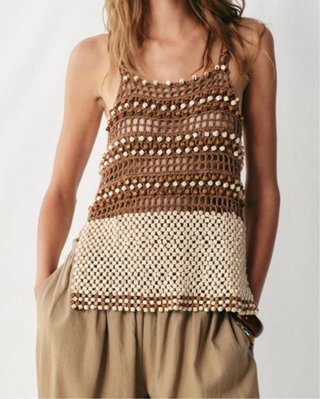Top Zara Crochet Abalorios Beige/Marrón Talla Únic