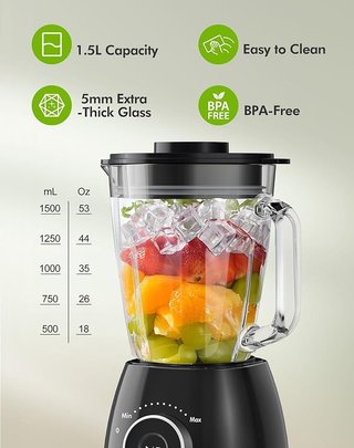WAWORIO Batidora Vaso 1500W Jarra Vidrio 1,5L