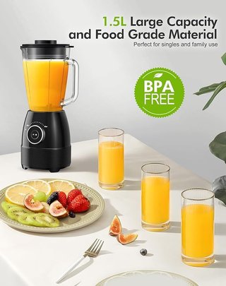 WAWORIO Batidora Vaso 1500W Jarra Vidrio 1,5L