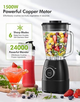 WAWORIO Batidora Vaso 1500W Jarra Vidrio 1,5L