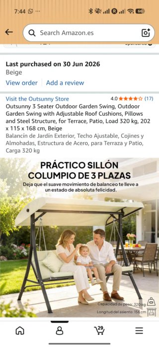 Columpio Jardín Outsunny 3 Plazas Beige