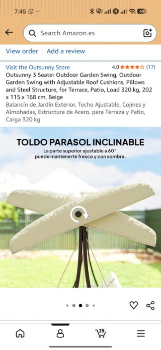 Columpio Jardín Outsunny 3 Plazas Beige
