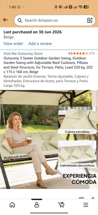 Columpio Jardín Outsunny 3 Plazas Beige