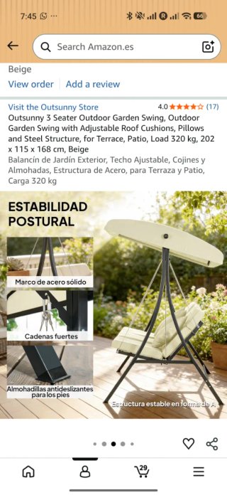 Columpio Jardín Outsunny 3 Plazas Beige