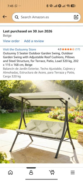Columpio Jardín Outsunny 3 Plazas Beige