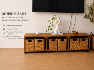 Mueble TV Madera + 6 Cestas Mimbre