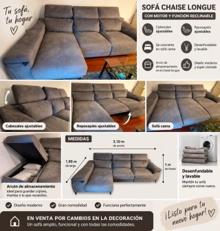 Sofá chaise longue gris 3m + reposapiés elevables