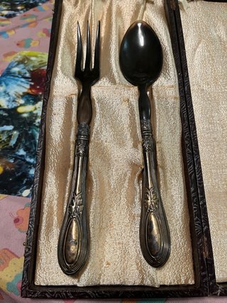 Set posate da insalata antiche in argento e corno