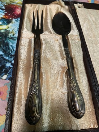Set posate da insalata antiche in argento e corno