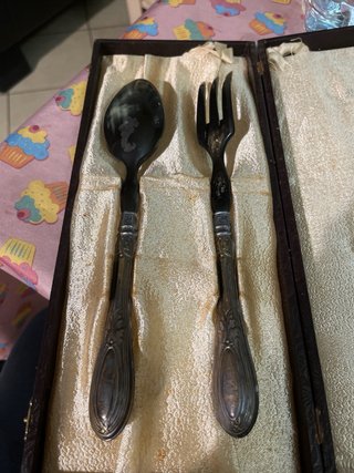 Set posate da insalata antiche in argento e corno