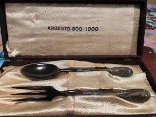 Set posate da insalata antiche in argento e corno