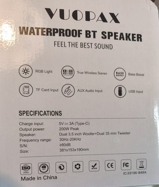 Altavoz Bluetooth VUOPAX B48A 200W portátil
