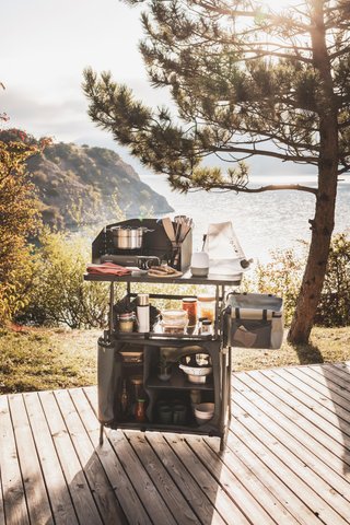 Mueble de cocina de camping L, plegable y con mampara