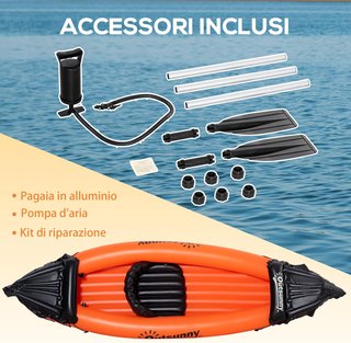 Canoa Inflable 1 Persona Kayak Con Remo de Aluminio, Kit de Reparación y Bomba de Inflado, Naranja