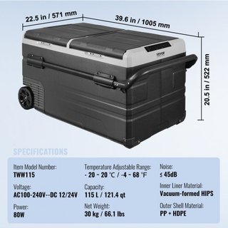 Refrigerador de Coche, Refrigerador de Coche de 12 Voltios, Congelador Portátil de Doble Zona de 115 L con Ruedas y Asa, -4℉-68℉, Compresor Enfriador de 12/24V DC y 100-240V AC para Exterior, Camping