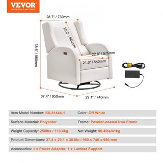 Recliner Electrónico y Glider Giratorio, Silla Recliner Glider con Capacidad de Peso de 113.4 kg y Ángulo Ajustable, Silla Rocker de Superficie de Poliéster para Sala de Estar, Dormitorio, Blanco Roto
