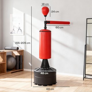 Saco De Boxeo De Altura Ajustable Con Punching Ball, Base Rellenable Y Barra Giratoria, Saco De Suelo En PU, EPE Y HDPE, 88X48X155-205 Cm, Rojo Y Negro