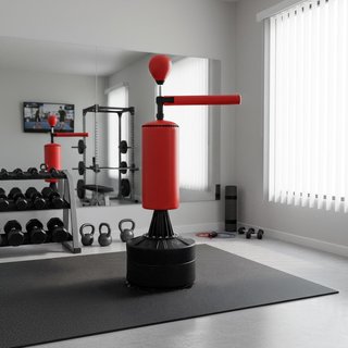 Saco De Boxeo De Altura Ajustable Con Punching Ball, Base Rellenable Y Barra Giratoria, Saco De Suelo En PU, EPE Y HDPE, 88X48X155-205 Cm, Rojo Y Negro