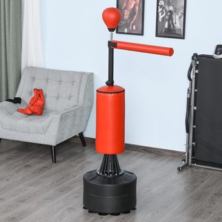 Saco De Boxeo De Altura Ajustable Con Punching Ball, Base Rellenable Y Barra Giratoria, Saco De Suelo En PU, EPE Y HDPE, 88X48X155-205 Cm, Rojo Y Negro