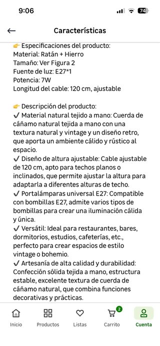 Lámpara colgante de ratan. Diametro 20 cm