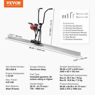 Gas Concrete Power Screed, con juego de barra recta de borde de aluminio de 2445 mm, motor vibratorio de acabado de cemento de 4 tiempos con mangos ajustables en altura, herramientas de concreto d...