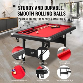 Mesa de Billar, Mesa de Pool de 192 cm, Mesa Plegable Portátil que Ahorra Espacio, Juego de Mesa de Billar Incluye Bolas, Queues, Tizas y Cepillo, Negra con Tela Roja, Perfecta para Sala de Juegos...
