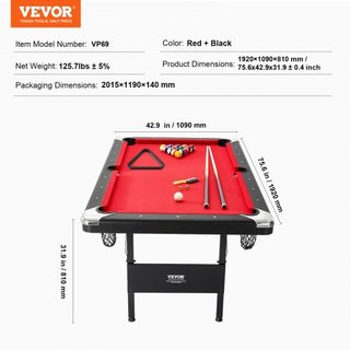 Mesa de Billar, Mesa de Pool de 192 cm, Mesa Plegable Portátil que Ahorra Espacio, Juego de Mesa de Billar Incluye Bolas, Queues, Tizas y Cepillo, Negra con Tela Roja, Perfecta para Sala de Juegos...
