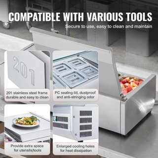 Estación de Preparación de Condimentos Refrigerada, Estación de Condimentos Refrigerada de Encimera de 150 W, con 3 Bandejas de 1/3 y 4 Bandejas de 1/6, Cuerpo de Acero Inoxidable 304 y Tapa de PC...