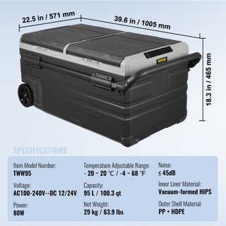 Refrigerador de Coche, Refrigerador de Coche de 12 Voltios, Congelador Portátil de Doble Zona de 95 L con Ruedas y Asa, -4℉-68℉, Compresor Enfriador de 12/24V CC y 100-240V CA para Exterior, Camping