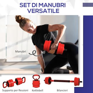 Set de Pesas de Gimnasio 4 en 1 de 20/30/40Kg Totales en Plástico y Arena, Set de Mancuernas Ajustables Utilizable como Kettlebell, 2 Mancuernas, Barra y Soporte para Flexiones