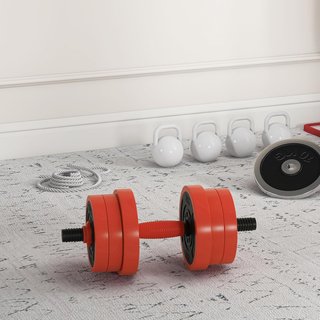 Set de Pesas de Gimnasio 4 en 1 de 20/30/40Kg Totales en Plástico y Arena, Set de Mancuernas Ajustables Utilizable como Kettlebell, 2 Mancuernas, Barra y Soporte para Flexiones