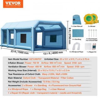 Cabina de Pintura Inflable, 23 x 13.1 x 9 pies/7 x 4 x 2.7 m Cabina de Spray Inflable, con sopladores potentes de 750W+480W y sistema de filtración de aire, cabina de pintura portátil para camione...