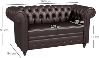 Sofá 2 Plazas Estilo Chesterfield en Piel Sintética, Sofá de Salón Acolchado con Brazos y Relleno Grueso, Sofá con Patas de Madera de Caucho para Salón y Oficina, Marrón
