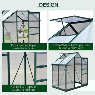 Invernadero de Jardín de Policarbonato 190X132X201Cm, Invernadero para Plantas con Base, Estructura de Aluminio, Ventana y Puerta Corredera