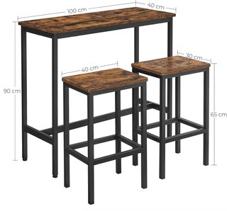 Mesa Alta, Conjunto de Mesa y Taburetes de Bar, Mesa de Desayuno con Conjunto de 2 Taburetes, Estructura de Acero Industrial, Marrón Vintage y Negro Tinta LBT218B01