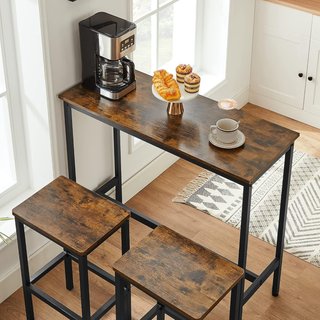 Mesa Alta, Conjunto de Mesa y Taburetes de Bar, Mesa de Desayuno con Conjunto de 2 Taburetes, Estructura de Acero Industrial, Marrón Vintage y Negro Tinta LBT218B01