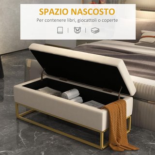 Banco Contenedor Rectangular Con Asiento Acolchado Y Patas De Acero, Puff Reposapies De Terciopelo Para Dormitorio Y Sala De Estar, 110X44X49 Cm, Beige