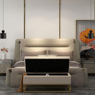Banco Contenedor Rectangular Con Asiento Acolchado Y Patas De Acero, Puff Reposapies De Terciopelo Para Dormitorio Y Sala De Estar, 110X44X49 Cm, Beige