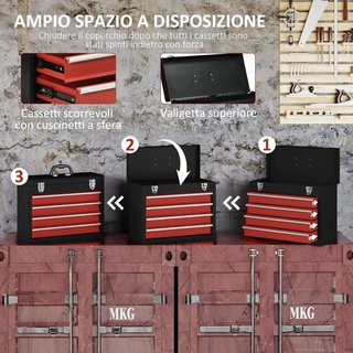 Caja de Herramientas de Acero, Maletín de Herramientas Vacío con 4 Cajones y Bandeja Superior con Doble Cerradura, 51X22X39.5 Cm, Rojo y Negro