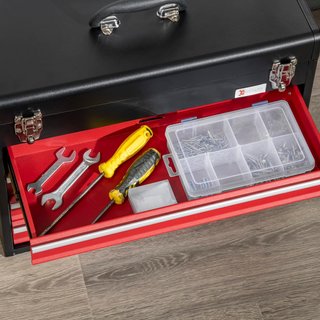 Caja de Herramientas de Acero, Maletín de Herramientas Vacío con 4 Cajones y Bandeja Superior con Doble Cerradura, 51X22X39.5 Cm, Rojo y Negro