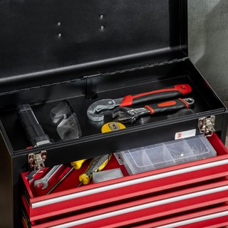 Caja de Herramientas de Acero, Maletín de Herramientas Vacío con 4 Cajones y Bandeja Superior con Doble Cerradura, 51X22X39.5 Cm, Rojo y Negro